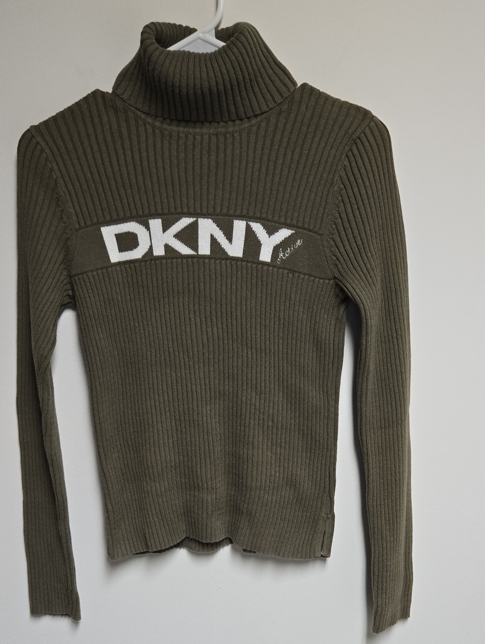 Vintage DKNY Active Y2K Olive Ribbed Turtleneck  Sweater Spell Out Logo Medium